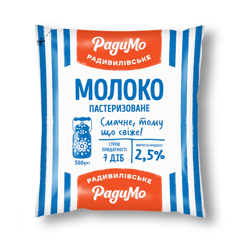 Молоко коров'яче РАДИМО, пастеризоване, 2,5%, 500г